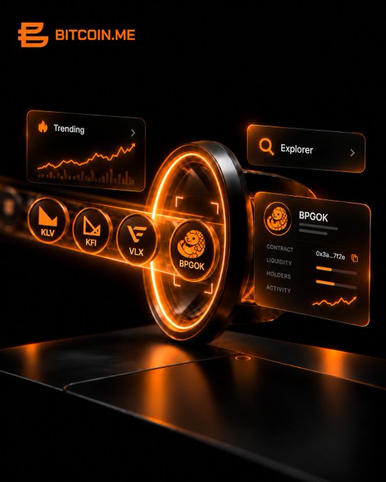 A sleek Bitcoin.me interface highlights BPGOK with a Trending chart and Explorer tool, alongside other tokens like KLV, KFI, and VLX, emphasizing real-time visibility for safer DeFi decisions.