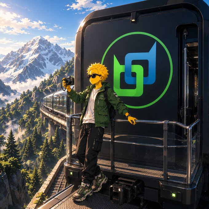 An anime-style digital illustration featuring a blonde spiky-haired character in a green jacket holding a camera, standing on a platform of a futuristic train with the Gate.io logo prominently displayed, set against a mountainous landscape.