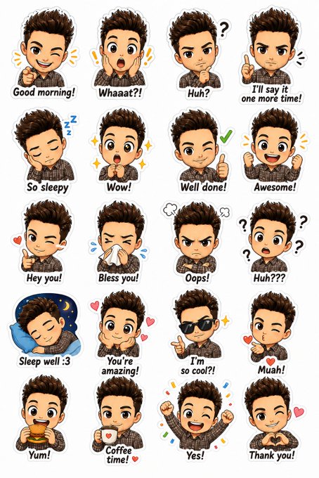 A sticker sheet featuring a chibi-style animated male character with brown hair in various poses with English text like 'Good morning!', 'Whaaat?!', 'So sleepy', 'Bless you!', 'Sleep well :3', and 'Coffee time!'.