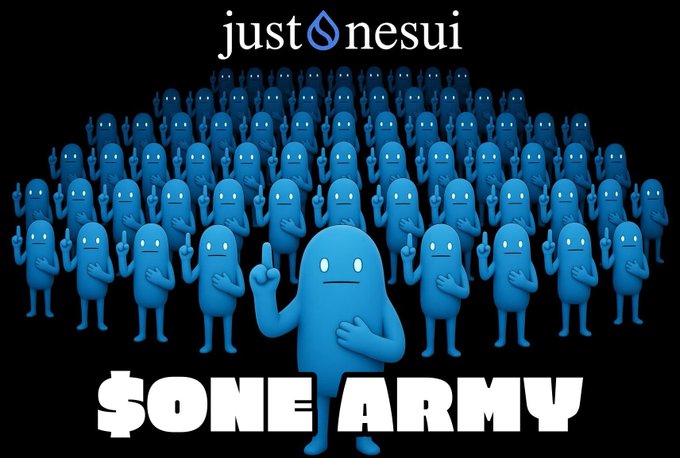 A logo graphic for '$ONE ARMY' by just onesui, featuring a large group of identical blue pill-shaped characters with glowing eyes standing against a black background.