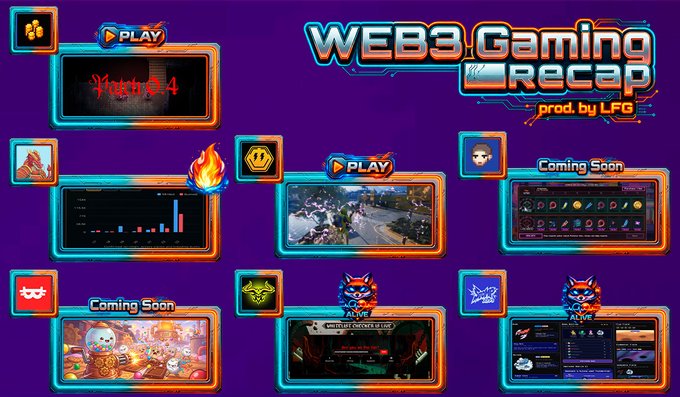 A colorful 'WEB3.Gaming RECAP prod. by LFG' infographic displaying various game thumbnails with 'PLAY' and 'Coming Soon' labels on a purple background.