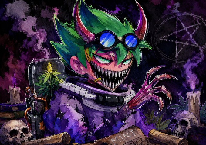 A colorful anime-style illustration of a menacing green-haired character with goggles, sharp teeth, and a clawed hand, surrounded by skulls, candles, and an anarchy symbol.