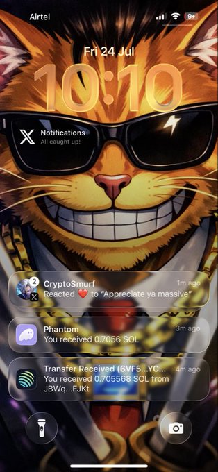 A smartphone lock screen featuring an orange cat wearing sunglasses as wallpaper, displaying the time 10:10 on Fri 24 Jul with notifications from CryptoSmurf, Phantom, and a transfer received of 0.7056 SOL.