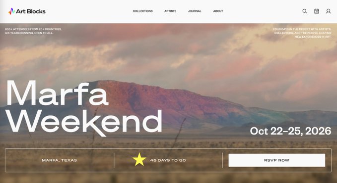 Art Blocks website homepage promoting "Marfa Weekend" event on Oct 22-25, 2026 in Marfa, Texas, with a countdown showing "45 DAYS TO GO" and an RSVP button, set against a scenic desert mountain landscape.
