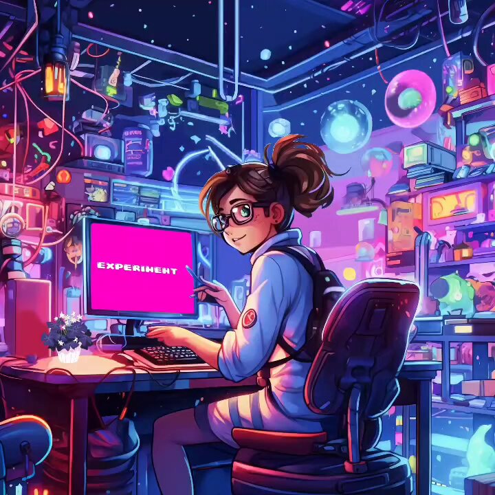 The image features a woman sitting at a desk, using a computer with an experimental game displayed on her monitor. She appears to be wearing glasses and has a backpack next to her chair. The background of the image shows shelves filled with various items such as books and toys, giving off a creative and playful atmosphere. The post is titled "GM My first collection on TransientLabs 09 artworks 1/1 animations 9 available All animations in this video".