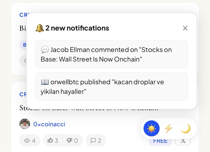 A digital notification pop-up displays '2 new notifications' for a 'Jacob Ellman commented' and 'orwellbtc published "kacan droplar ve yikilan hayaller"' on a platform with a user named '0xcoinacci'.