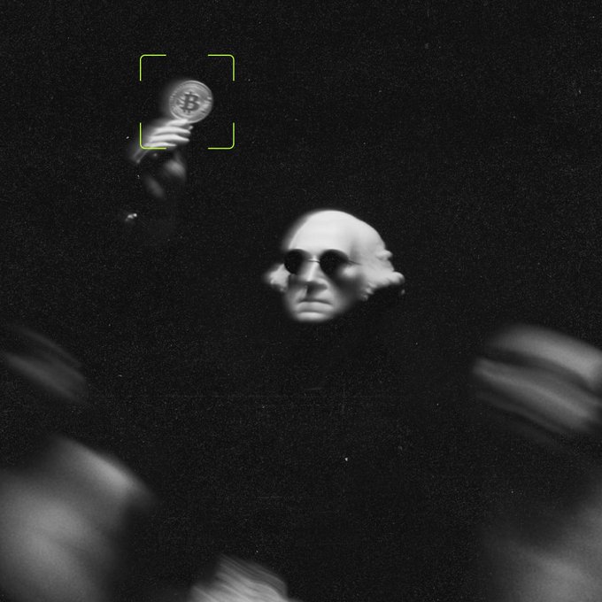 A masked George Washington figure gazes into the void while a Bitcoin coin, framed by targeting brackets, floats above in the darkness—visually reinforcing the post's call to "rewrite the system" with crypto as the new foundation replacing traditional power structures.