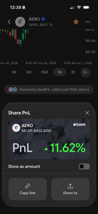 Mobile trading app screen showing the AERO token chart with a price around $0.45, and a shareable PnL card showing a +11.62% gain with a market cap of $452.50M.