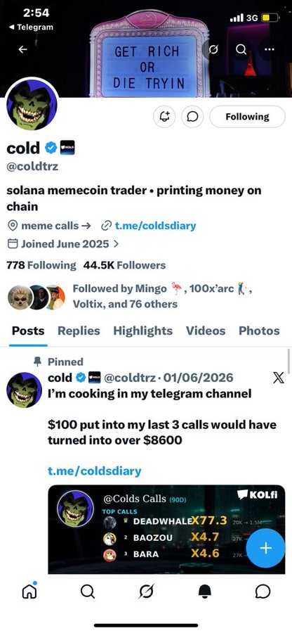 The image shows a Twitter/X profile of a user named "cold" (@coldtrrz), a solana memecoin trader boasting 44.5K followers and pinned post promoting calls that turned $100 into $8600. The post context about sending $ANSEM appears to relate to the meme trading culture, possibly playfully connecting to the "cold" handle and crypto call-sharing activity promoted in the profile.