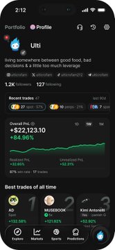 A mobile app screen showing a crypto portfolio for user 'Ufi' with overall P/L of +$32,123.10 (+84.96%) and best trades including AO, NOSEBLOOD, and KimiAnon3.
