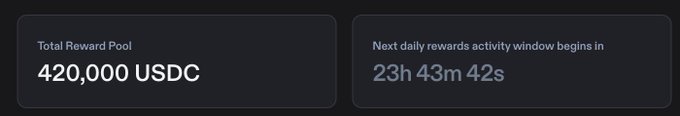 The image displays two dark dashboard panels showing the "Total Reward Pool" of 420,000 USDC and a countdown timer indicating the "Next daily rewards activity window begins in 23h 43m 42s," highlighting the active Day 2 of Phoenix Trade's Fight Club campaign referenced in the post.