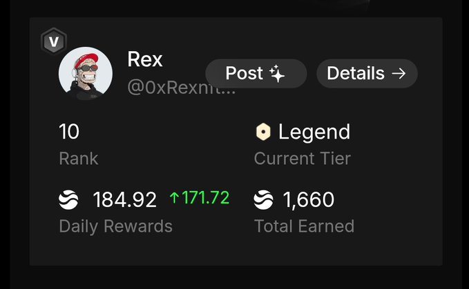 A profile card for "Rex" (@0xRexnit...) displays a rank of 10, Legend tier status, daily rewards of 184.92 (up 171.72) in a token, and total earnings of 1,660. The image illustrates the leaderboard achievement context, showing Rex's standing in what appears to be a reward-based ranking system that likely ties to the daily engagement and community participation mentioned in the post about satUSD.