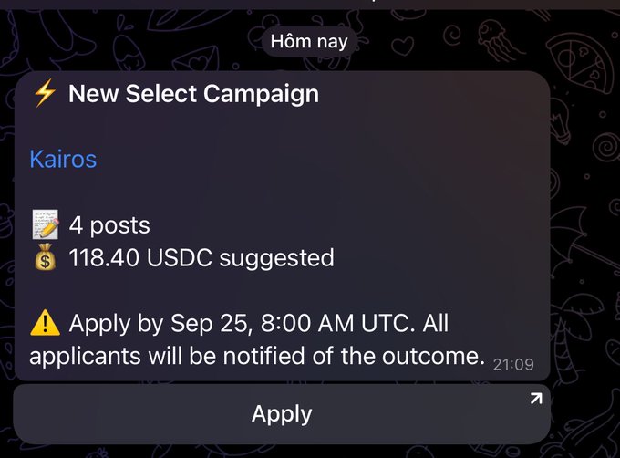 A 'New Select Campaign' notification for 'Kairos' requesting 4 posts for 118.40 USDC, with an application deadline of Sep 25, 8:00 AM UTC.