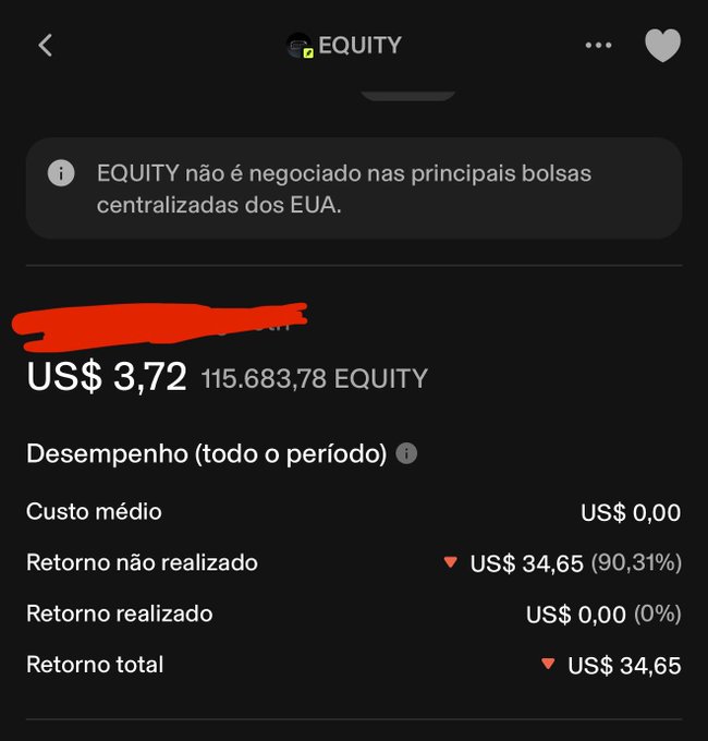 A mobile screenshot displays a crypto portfolio entry for "EQUITY" showing 115,683.78 units valued at US$ 3.72, with an unrealized loss of US$ 34.65 (90.31%) and a total negative return of US$ 34.65, reinforcing the post's message about losing money on the coin.