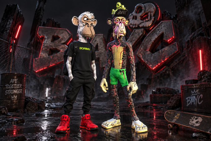Two Bored Ape Yacht Club NFT characters stand in a dark, industrial setting with 'BAYC' branding, one wearing a black 'BORING' t-shirt and the other a glowing zombie-themed outfit, with 'APE TOGETHER STRONGER' visible on a barrel.