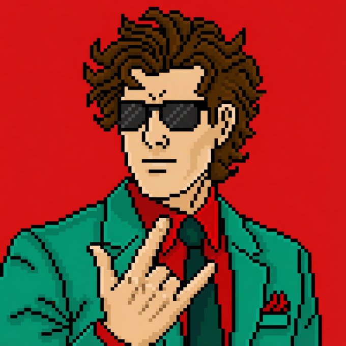 A pixel art illustration of a character with brown curly hair, sunglasses, a red shirt, black tie, and teal jacket against a red background.