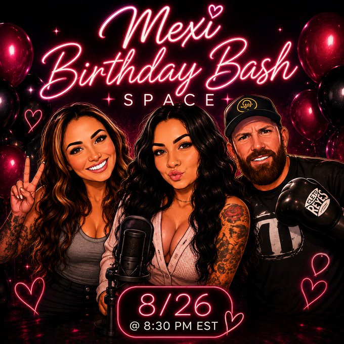 A promotional flyer for "CapiX Protocol" featuring a woman holding red merchandise and a microphone against a branded pink checkered backdrop, with the text "Mexican Birthday" on a sash and event details "8/26 @ 8:30 PM EST," advertising a birthday celebration stream with giveaways including a $50 NettyWorth rip, a SpaceRidersXYZ NFT, and LuckyHashWin scratchers.