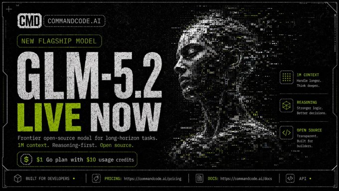 The image features a poster for a new programming language called GLM 5.2, which has already been released as Command Code! Edition. The poster includes a picture of a woman's face with her head cut off, surrounded by code that reads "GLM-5.2 is already available in Command Code!!". This suggests that the image is meant to promote the new programming language and its release date.