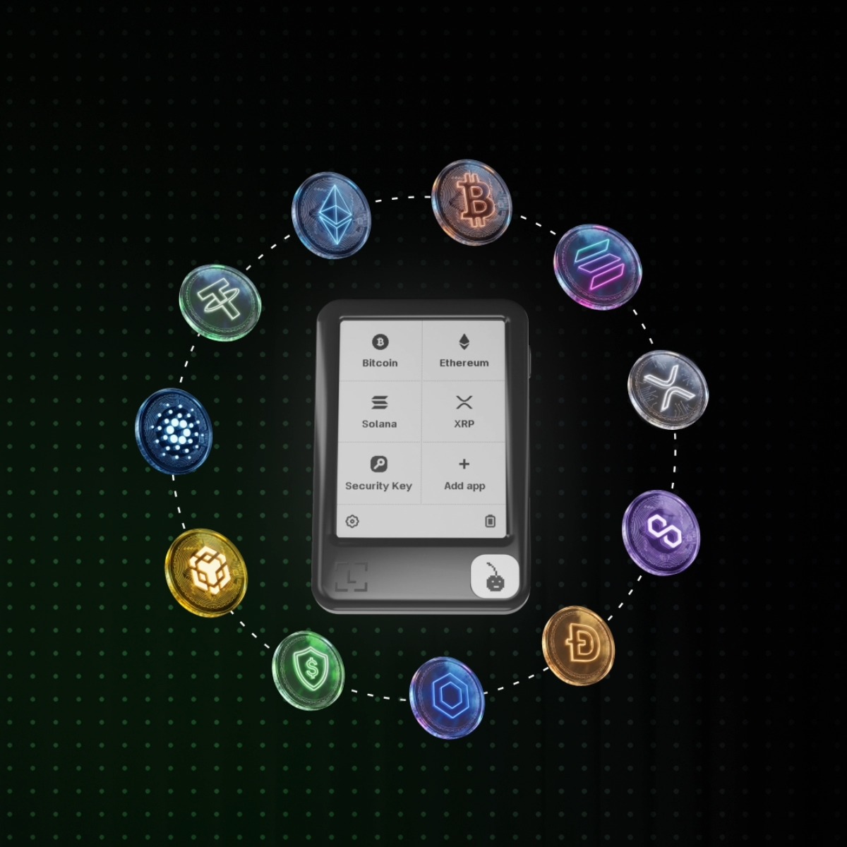 The image shows a black background with various cryptocurrency symbols and icons displayed around a center button that says "Native @ADIChain_ support is officially live in Ledger Wallet™. You can now securely send and receive ADI and ecosystem tokens directly from your dashboard." The text surrounding these elements provides information about the featured wallet, which uses native fiat currency backed by ADI. This cryptocurrency application allows users to securely exchange digital assets like DDSC for fiat money without relying on exchanges. The icons represent different blockchain protocols and support them with native fiat currency, providing a valuable service for those interested in investing or using cryptocurrency.