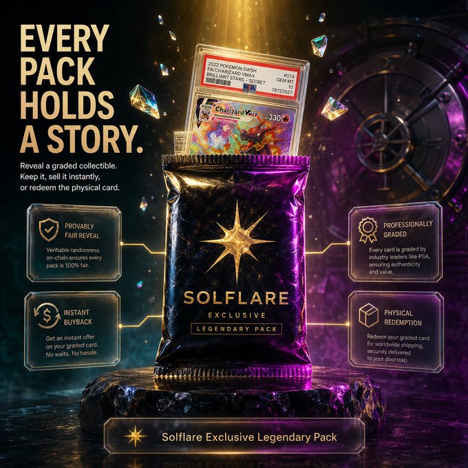 A promotional advertisement for a 'Solflare Exclusive Legendary Pack' with the tagline 'EVERY PACK HOLDS A STORY,' featuring a graded Pokémon card and highlighting provably fair reveal, professional grading, instant buyback, and physical redemption features.