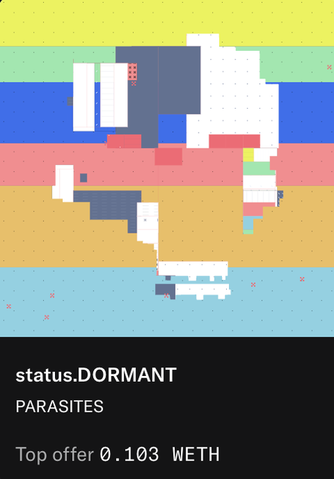 A pixel-art style screenshot showing a colorful, blocky construction/architecture game with status indicators reading "status.DORMANT," "PARASITES," and "Top offer 0.103 WETH" at the bottom, likely commemorating a successful NFT mint allocation of 0.103 ETH (WETH) as mentioned in the post.