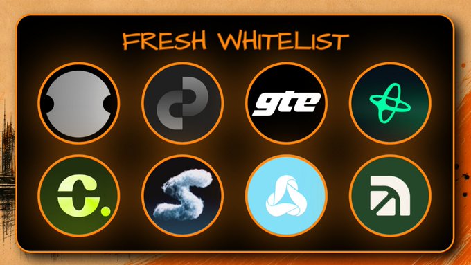 A graphic titled "FRESH WHITELIST" displays eight circular cryptocurrency project logos arranged in two rows on a dark background.