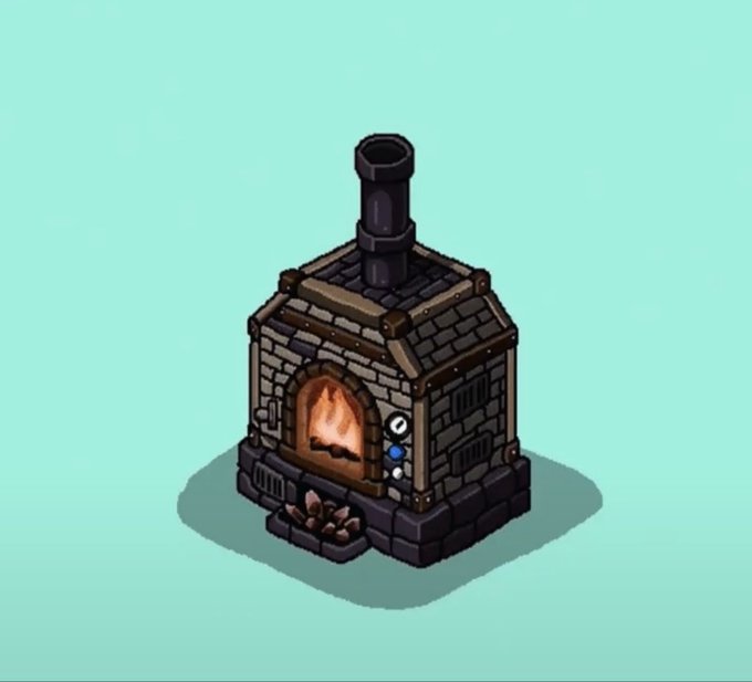 An isometric pixel art illustration of a small stone furnace or stove with a chimney and a burning fire inside, displayed on a teal background.