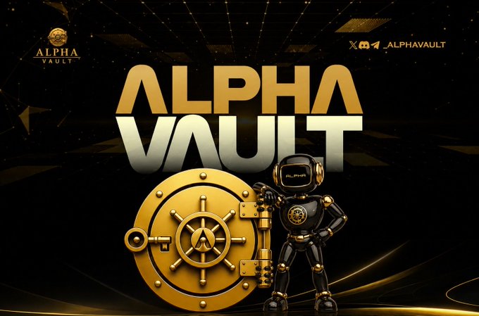 A sleek black and gold promotional graphic features "ALPHA VAULT" in bold stylized lettering, alongside a futuristic robot mascot standing next to an ornate gold vault door emblazoned with the Alpha Vault logo. The design showcases the branding quality the post credits, with the Alpha Vault logo in the top-left and social handles "@ALPHAVAULT" displayed in the top-right corner.