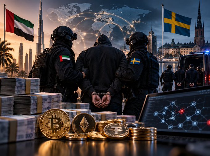 A composite illustration showing two armed officers in tactical gear (with UAE and Sweden flags) arresting a hooded suspect with handcuffed hands, with stacks of cash and physical Bitcoin/Ethereum/cryptocurrency coins in the foreground against a city backdrop.