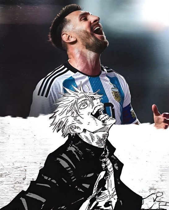 A composite image showing a real photograph of Argentine player Lautaro Martínez celebrating in his national team jersey above a black-and-white manga-style drawing of a screaming character.
