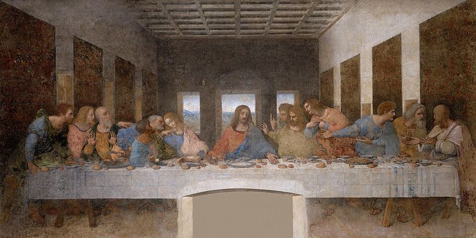 Leonardo da Vinci's Renaissance mural 'The Last Supper,' depicting Jesus and his twelve apostles seated at a long table in a symmetrical architectural setting.