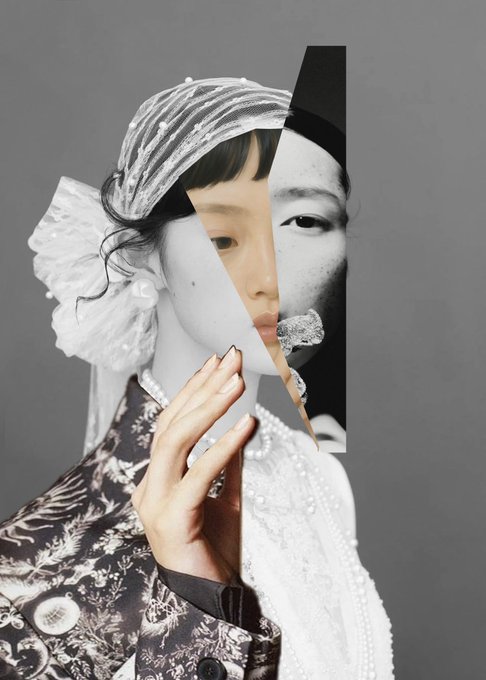 An artistic collage style image features two faces overlapping, with a woman wearing a white headscarf and floral patterned top alongside a black and white profile of another person.