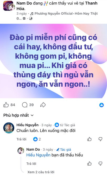 A Facebook post in Vietnamese by 'Nam Do' sharing a quote about Pi cryptocurrency staying free and fun regardless of price, with 84 likes and 39 comments.