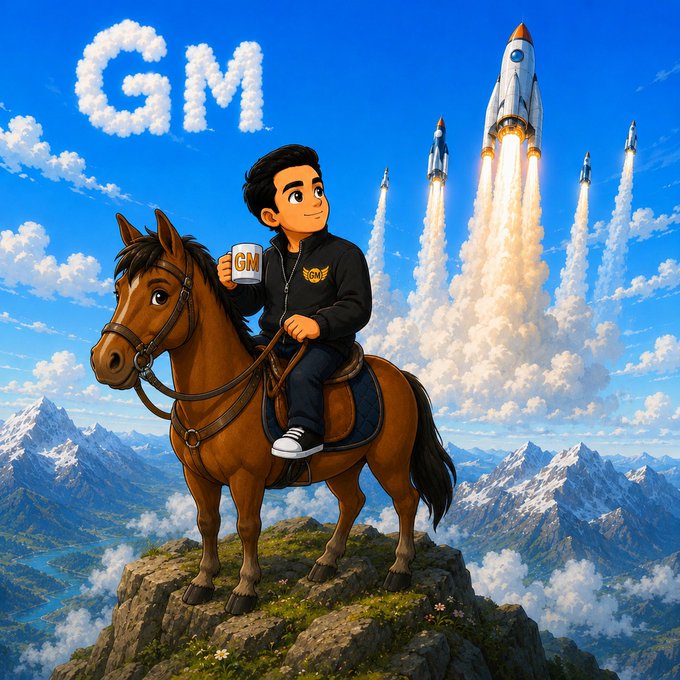 A stylized digital illustration of a young man holding a 'GM' mug while sitting on a brown horse atop a mountain peak, with rockets launching into the sky and 'GM' written in clouds.