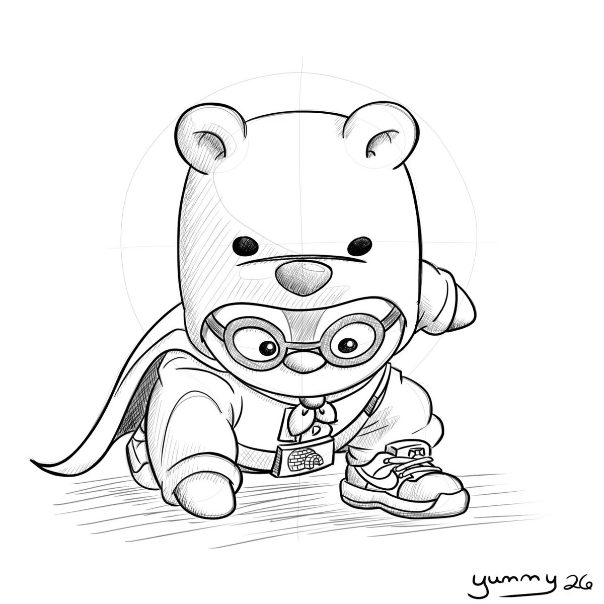 The image features a black and white cartoon drawing of a teddy bear wearing glasses, a cape, and a bow tie. The teddy bear appears to be walking or crawling across a surface while holding a book. The caption below the image reads "GMGM! Let'S Lift up and Highlight some of the Legends that really keep us all together and support/create for others in the Huddle & Web3 @pudgypenguins Thank You!!! Enjoy!".