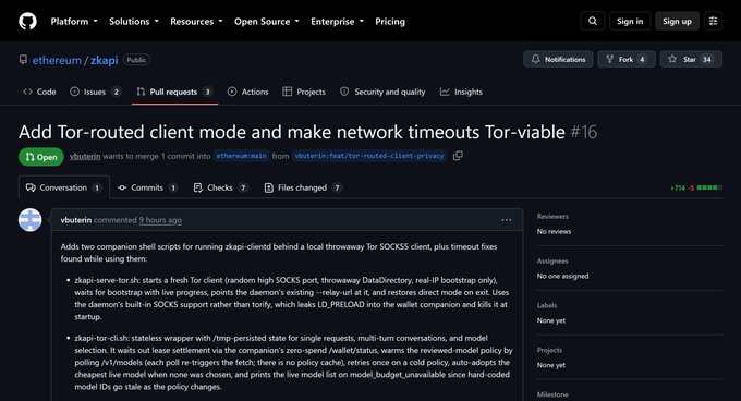 A GitHub pull request page for ethereum/zkapi titled 'Add Tor-routed client mode and make network timeouts Tor-viable #16' by vbuterin, detailing shell scripts for running zkapi-client behind a local Tor SOCKS5 proxy.