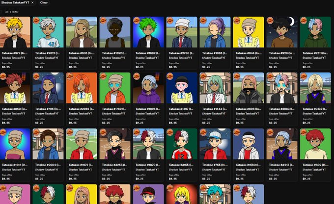 A grid displaying numerous anime-style character avatars for sale, each priced at $0.25 under 'ShadowTatsukeYT' on a digital marketplace.