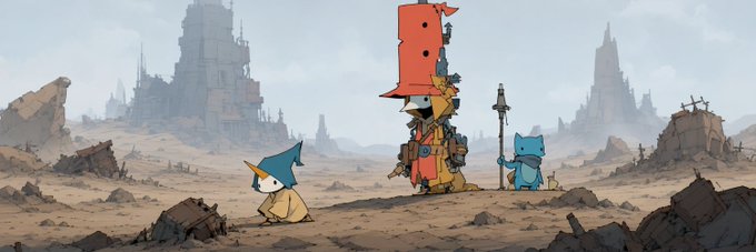 A post-apocalyptic landscape featuring three stylized characters in hooded cloaks standing among rubble, with a tall, red letter "E" floating above the central figure and distant castle-like structures on the horizon.