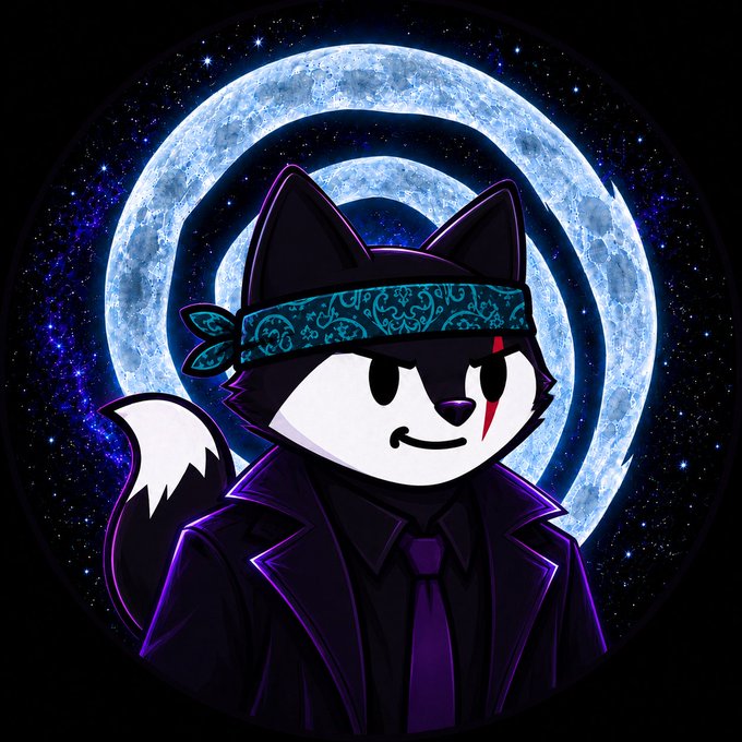 A stylized digital illustration of a cat character wearing a black jacket, purple tie, and teal patterned headband, set against a cosmic background with a large glowing blue moon.