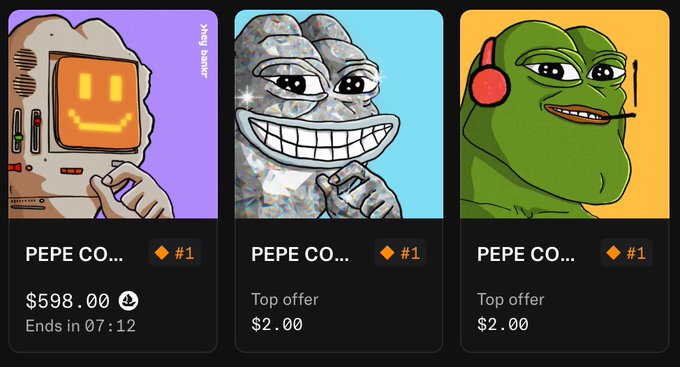 Three NFT marketplace listings all titled 'PEPE CO...' with #1 rankings: a retro TV-faced character listed at $598.00 ending in 07:12, and two Pepe variations (a diamond-style Pepe and the classic green Pepe with headphones) both with top offers of $2.00.