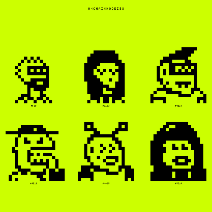 A neon green graphic displaying six pixel-art character designs with the text 'ONCHAINHOODIES' and edition numbers like #528, #0133, #4114, #0826, #0825, and #0814.