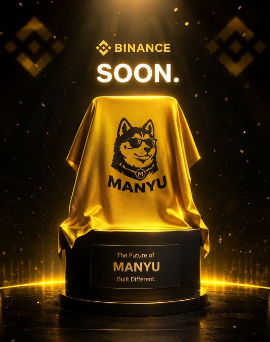 A dramatic golden reveal shows a draped cloth emblazoned with the "MANYU" husky-dog logo sitting atop a pedestal labeled "The Future of MANYU — Built Different," beneath a "BINANCE SOON" header — visually teasing MANYU's anticipated Binance listing and reinforcing the post's claim that $MANYU is "the future."