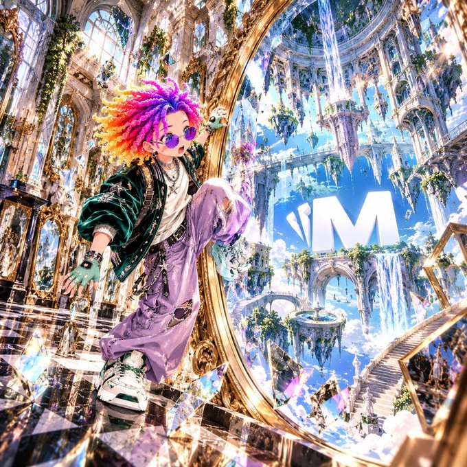A stylized anime character with colorful dreadlocks and sunglasses stands in an ornate fantasy setting featuring a large 'M' logo and floating castle architecture.