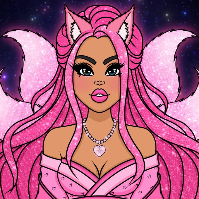 A digital illustration of a cartoon-style female character with dark skin, long flowing pink sparkly hair, fox/cat ears, large fluffy wings, wearing a pink outfit with heart patterns and a heart pendant necklace.