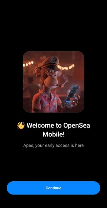 In the image, there are a couple of people looking at an OpenSea Mobile phone. The main character, who is wearing a hat, appears to be using his new mobile device. There's also a monkey holding a cellphone in its hands. The image seems to have some sort of humorous or amusing context to it. It could possibly be a social media post related to the OpenSea Mobile app, where users share interesting content and experiences with their friends.