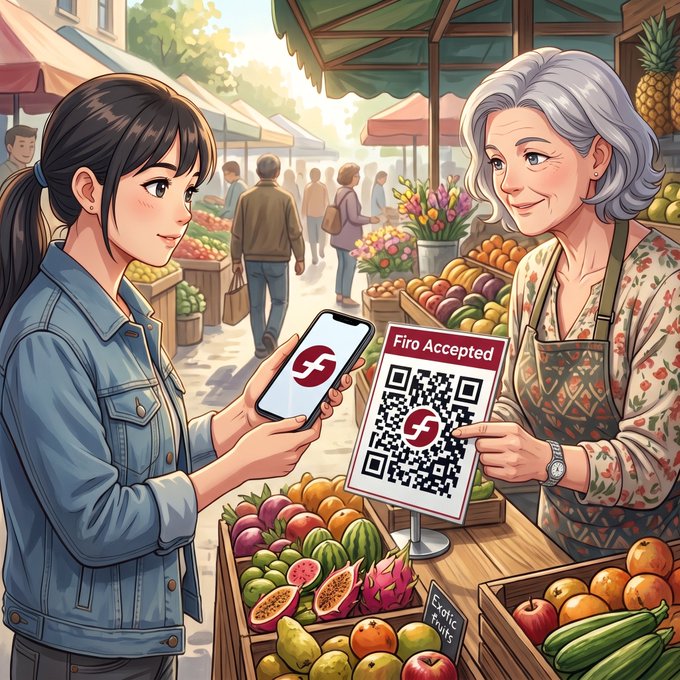 An anime-style illustration shows a young woman paying a market vendor with a smartphone displaying the Firo logo, while the vendor points to a sign reading "Firo Accepted" alongside a QR code. The image visually reinforces the post's message of Firo's private, contactless payment use case in everyday commerce.