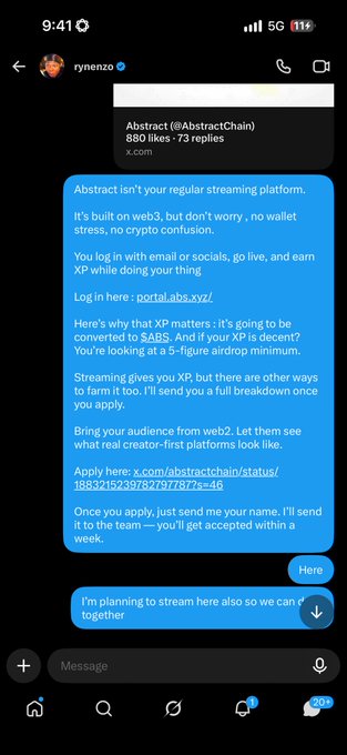 Image 2: A screenshot of a direct message conversation with user 'rynenzo' promoting 'Abstract (@AbstractChain)' and explaining how to earn XP on their streaming platform.