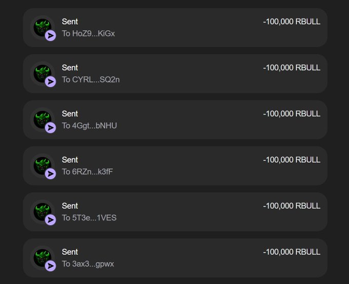 A transaction history screenshot displays six consecutive "Sent" transfers of -100,000 RBULL each to various wallet addresses (HoZ9...KiGx, CYRL...SQ2n, 4Ggt...bNHU, 6RZn...k3fF, 5T3e...1VES, and 3ax3...gpwx), shown as evidence of the $RBULL token airdrop being distributed to early participants in the RobinBullSolana giveaway.