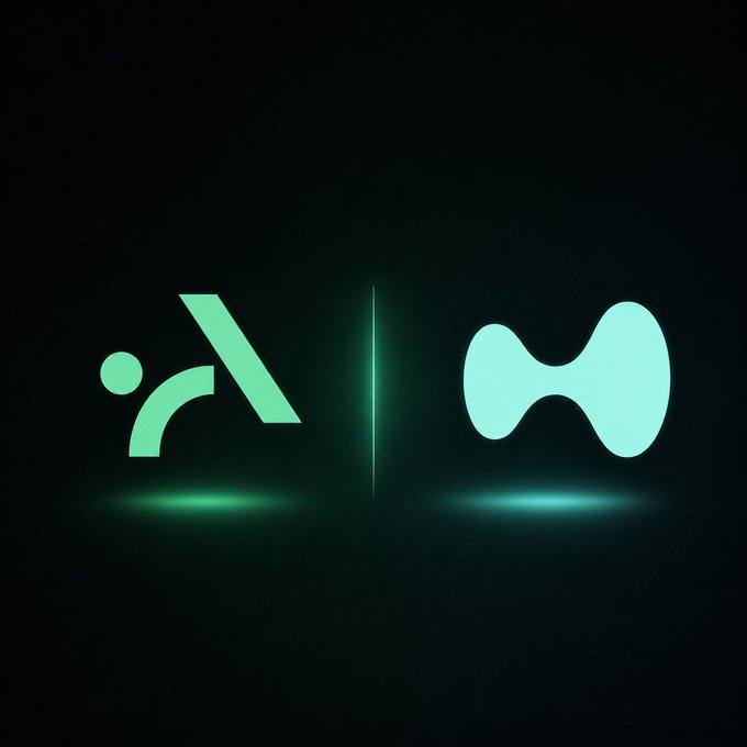 Two glowing teal logos are displayed against a dark background, separated by a vertical line, with a stylized 'A' symbol on the left and an abstract shape on the right.