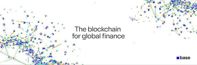 A graphic with a world map made of blockchain-style dots and squares, displaying the text 'The blockchain for global finance' and the 'base' logo.